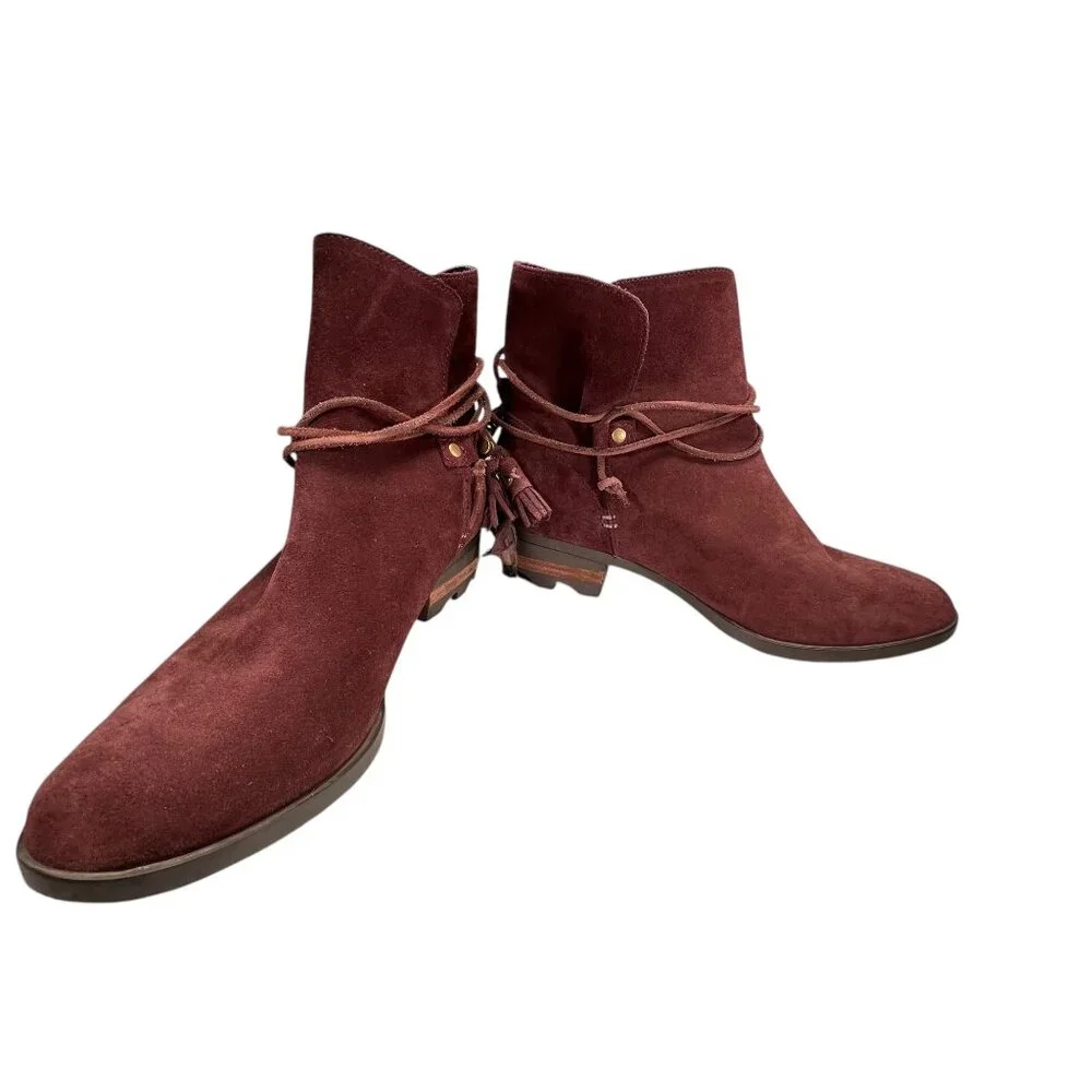 Sorel Womens Burgundy Suede Ankle Boots Wraparound Tassel Laces Low Block Heel - Picture 5 of 16